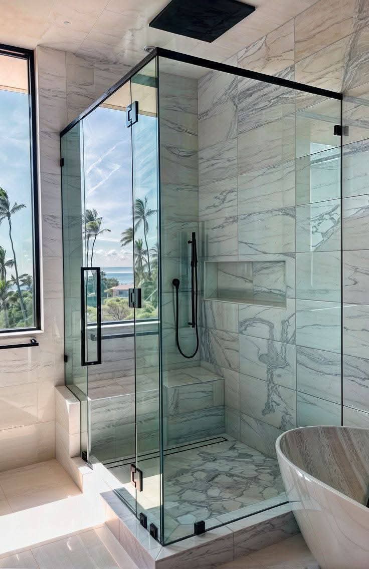Frameless glass shower enclosure