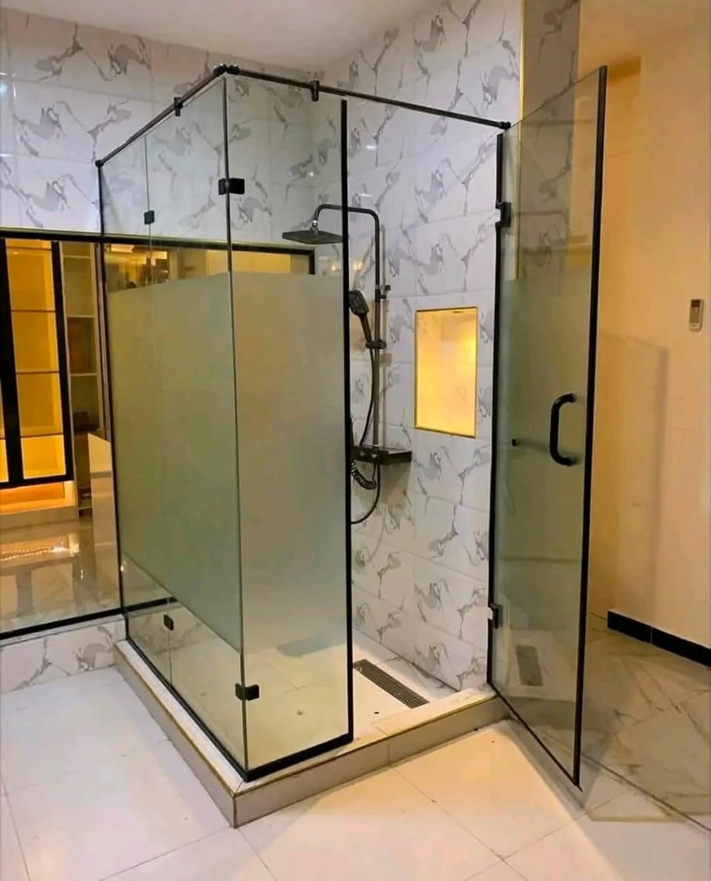 Frosted shower with black accents